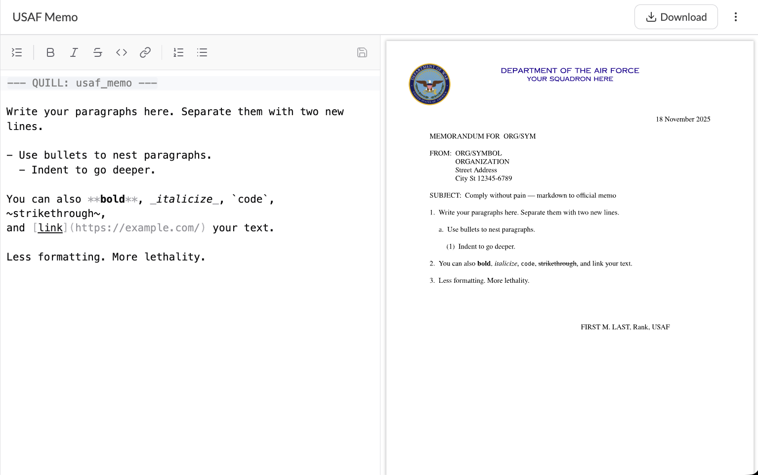 TongueToQuill editor interface showing markdown on left and live preview on right